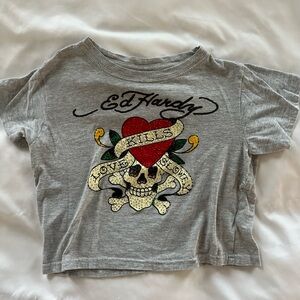 Ed Hardy Gray Cropped shirt with Skull and Heart Design